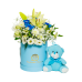Σύνθεση σε Κουτί με Λευκά Λίλιουμ ,Μπλε Τριαντάφυλλα, Λυσίανθο, Αλστομέρια κ Πλούσιες Πρασινάδες με Λούτρινο